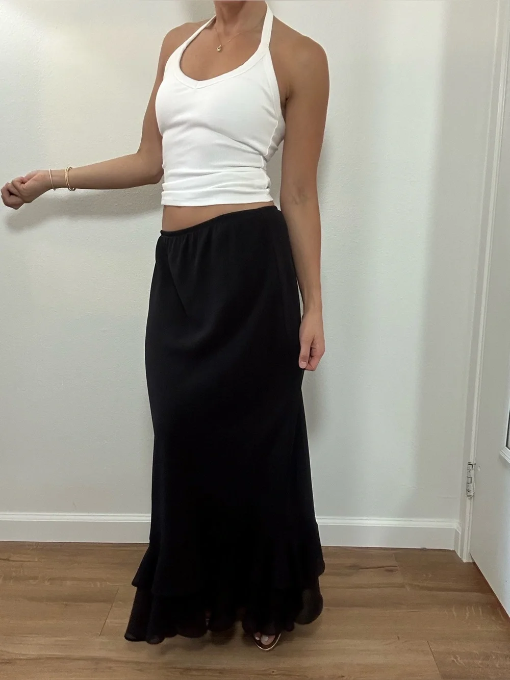 Vintage Dressbarn Y2K Black Ruffle-Hem Maxi Skirt Rosette Chiffon Size L - Picture 3 of 12